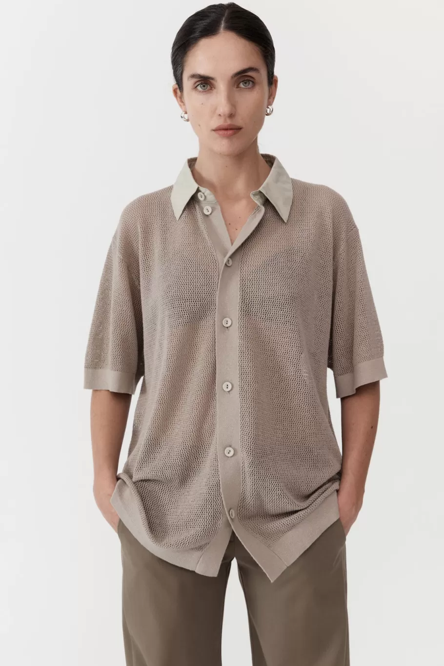 Tops | Knitwear | St. Agni Mesh Short Sleeve Shirt - Fog