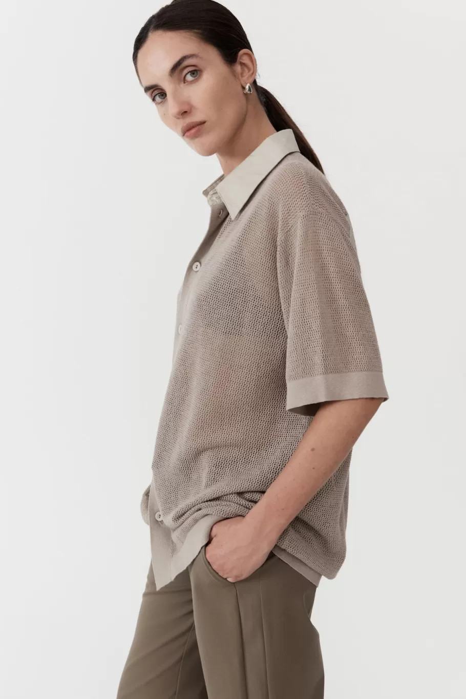 Tops | Knitwear | St. Agni Mesh Short Sleeve Shirt - Fog