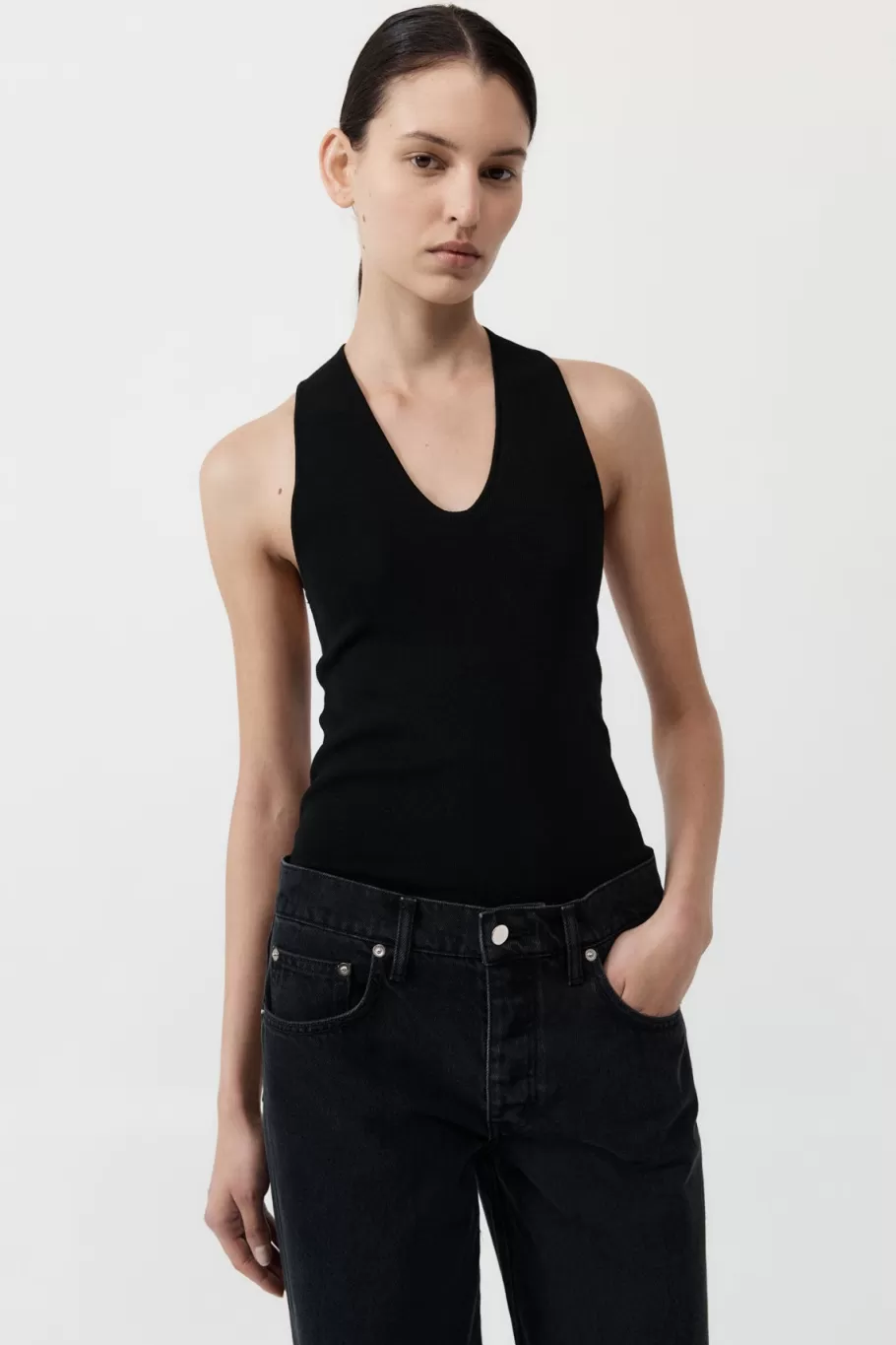 Basics | Tops | St. Agni Plunge Neck Knit Top - BLACK