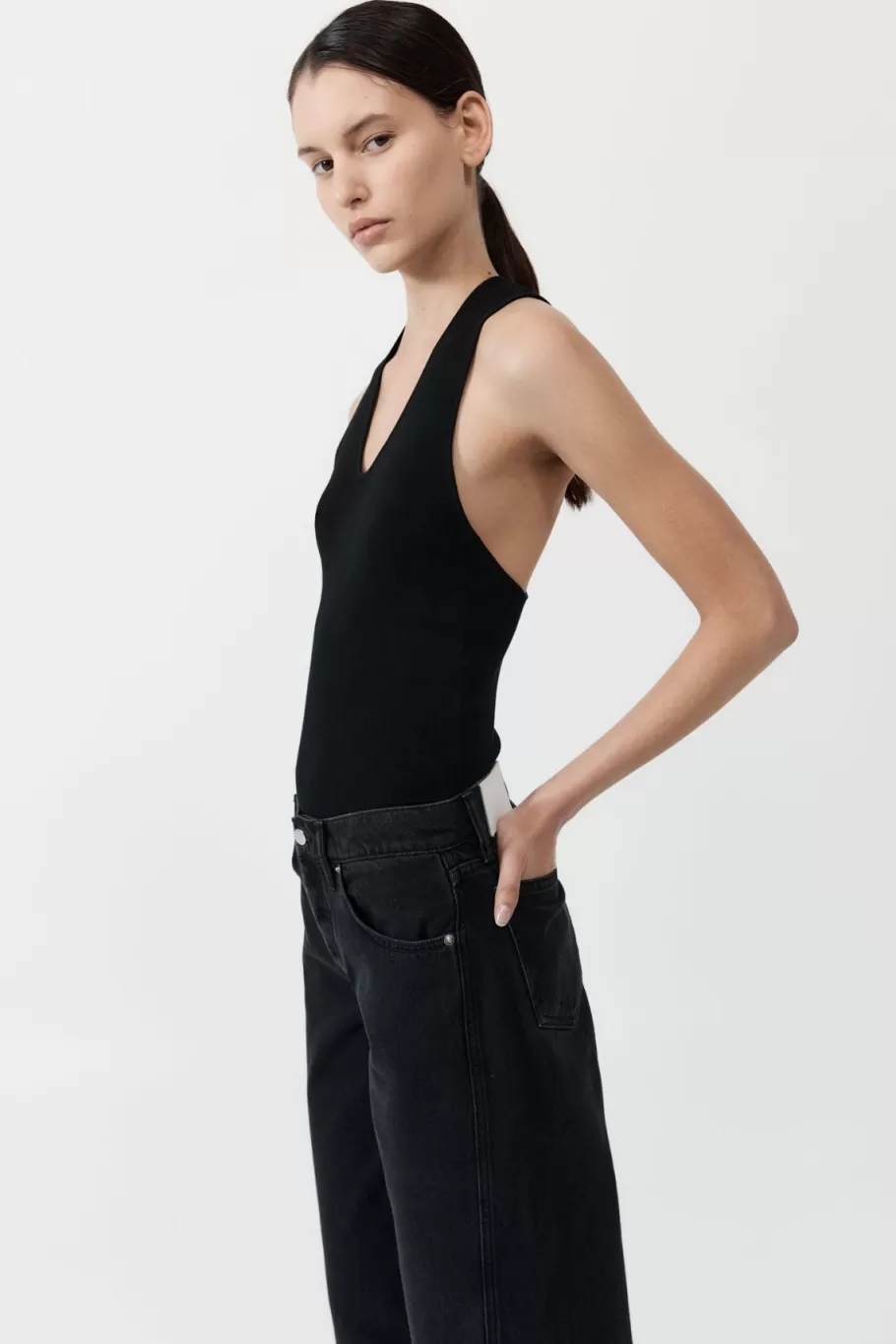 Basics | Tops | St. Agni Plunge Neck Knit Top - BLACK