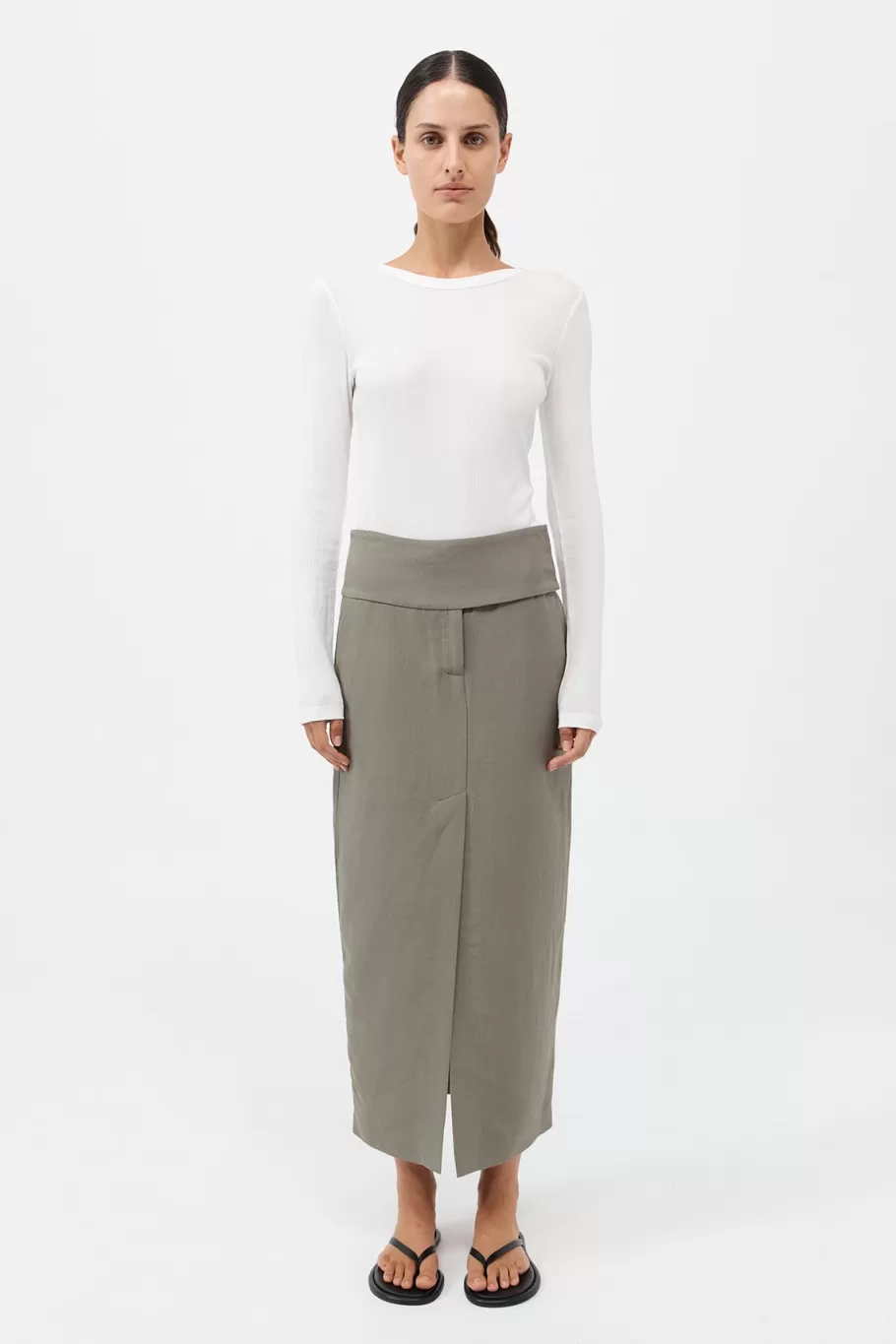 Tailoring | Skirts | St. Agni Wide Waistband Column Skirt - SMOKEY OLIVE